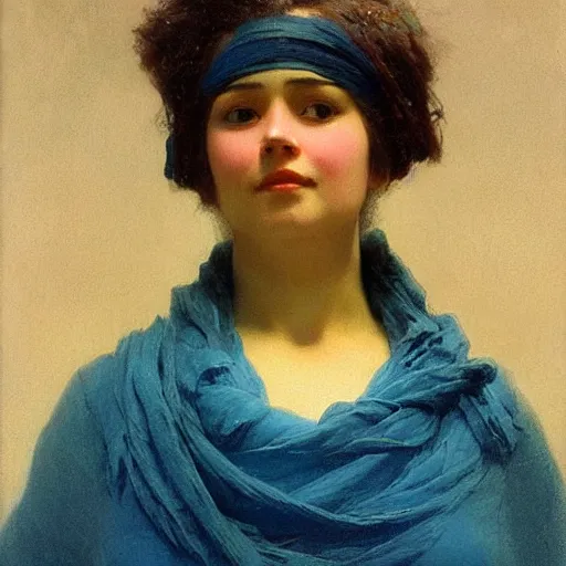 Prompt: a woman’s face, her eyes are covered with a blue satin blindfold, by ivan aivazovsky and alma tadema and and willen claesz heda