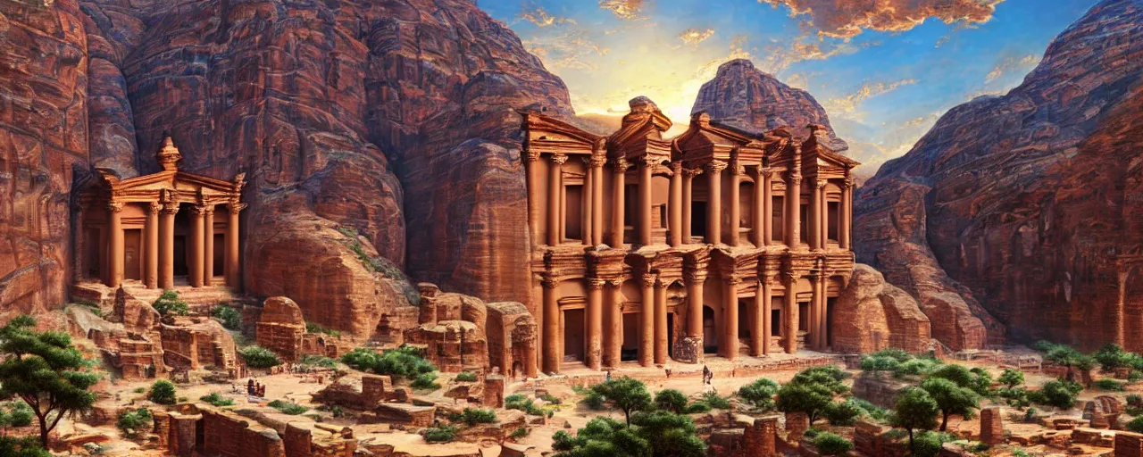 Prompt: A beautiful highly detailed epic painting of the temple at petra, with waterfalls and inhabitants going about their business, townscape, warm saturatured colors, clear blue sky, panorama, by greg rutkowski and thomas kinkade, Trending on artstation HD. unreal engine, volumetric lighting 8k resolution