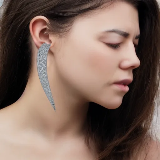 Image similar to amulet of wave inlaid in silver on a young beautiful woman neck, hyper realistic,