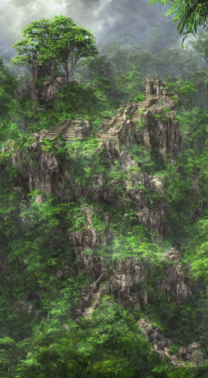 Prompt: Starway to a Mystical Jungle Temple, Carved stone Starway on a cliff, Ancient temple in the background, Jungle, Lush vegetation, Overgrown, photorealistic, detailed, artstation, 4k