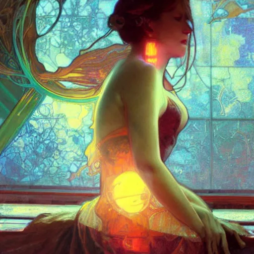 Prompt: an organic computer in glassy liquid amber, backlit, sunset, refracted lighting, art by collier, albert aublet, krenz cushart, artem demura, alphonse mucha