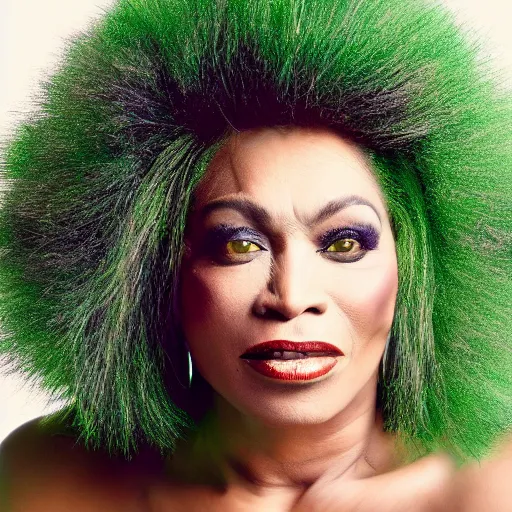 Image similar to tina turner portrait, green turnip hair leaves, colored, dslr, photoshoot