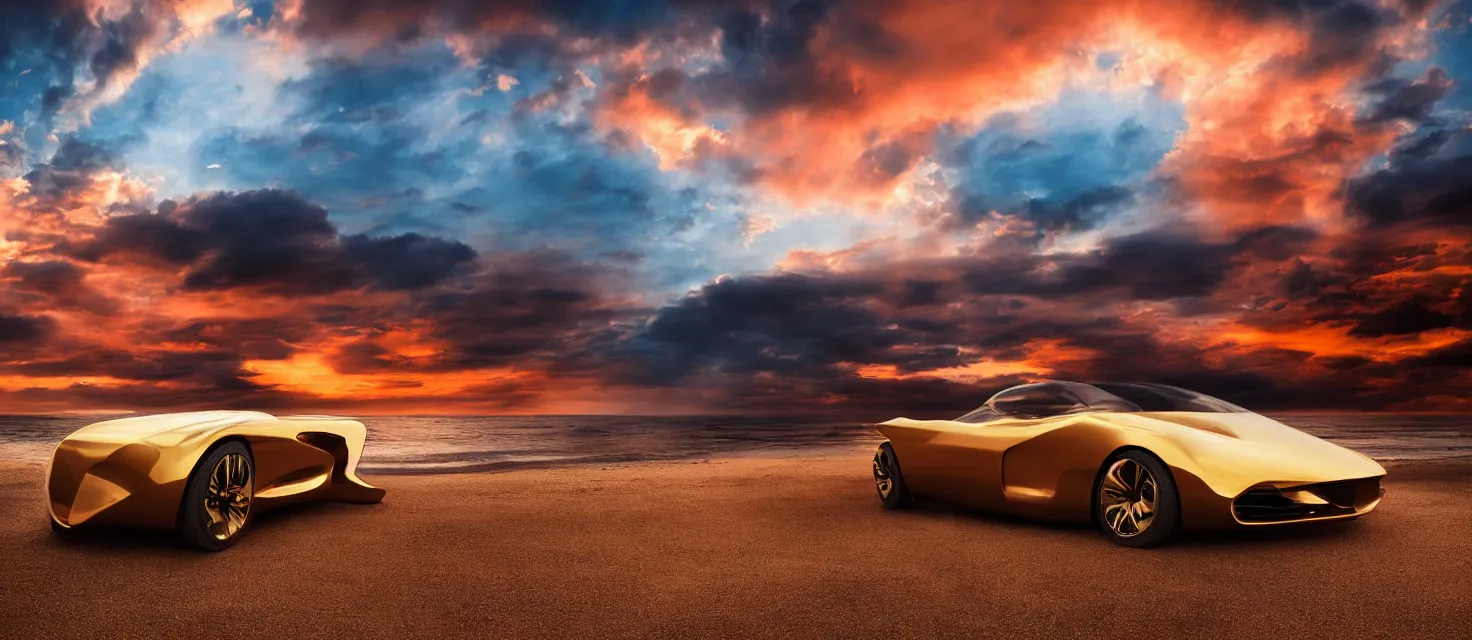 Prompt: futuristic golden luxury car from the year 2052, professional studio photography, dramatic lighting, clouds, colorful red sunset, on the beach, blue water