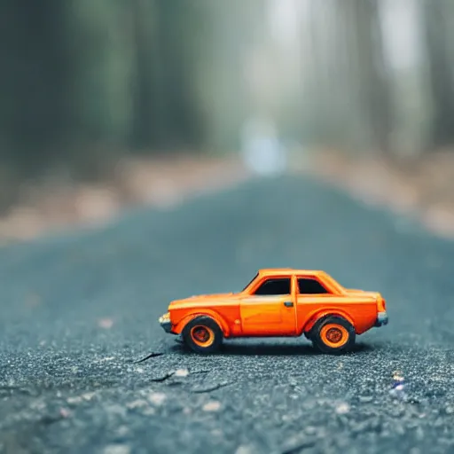 Prompt: macro photography of a toy hot wheels car driving through a forest fire, 3 5 mm