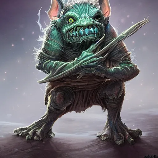 Image similar to a highly detailed goblin with grey skin and blue eyes that glow, in a dust storm, like magic the gathering, goblin chainwalker,, digital art, by christopher rush