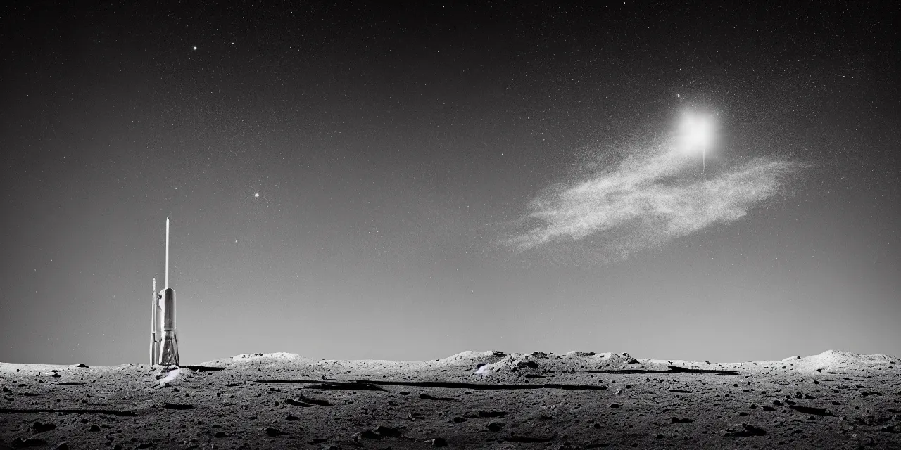 Image similar to 1 7 mm, black and white photo of a rocket landing on moon, black background with stars, cinematic film still, high contrast, astrophotography, 4 k