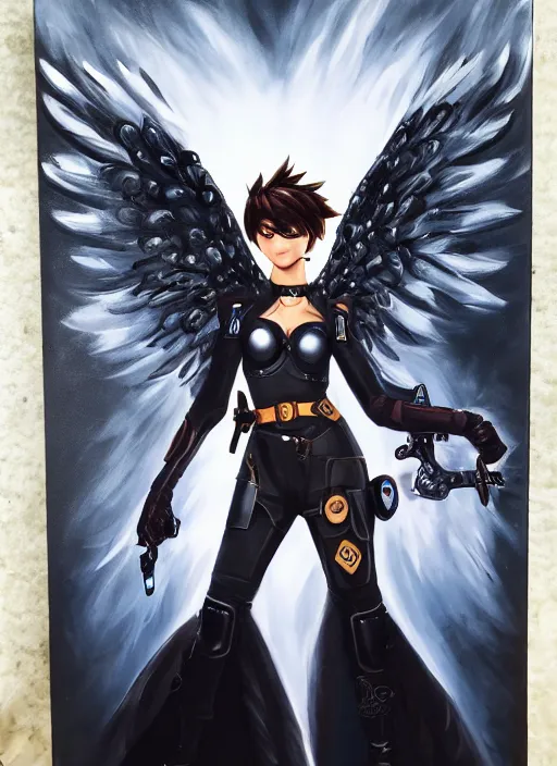 Prompt: full body oil painting of tracer overwatch, angel wings, dramatic painting, symmetrical composition, wearing detailed leather choker, black shiny armor, detailed face and eyes,