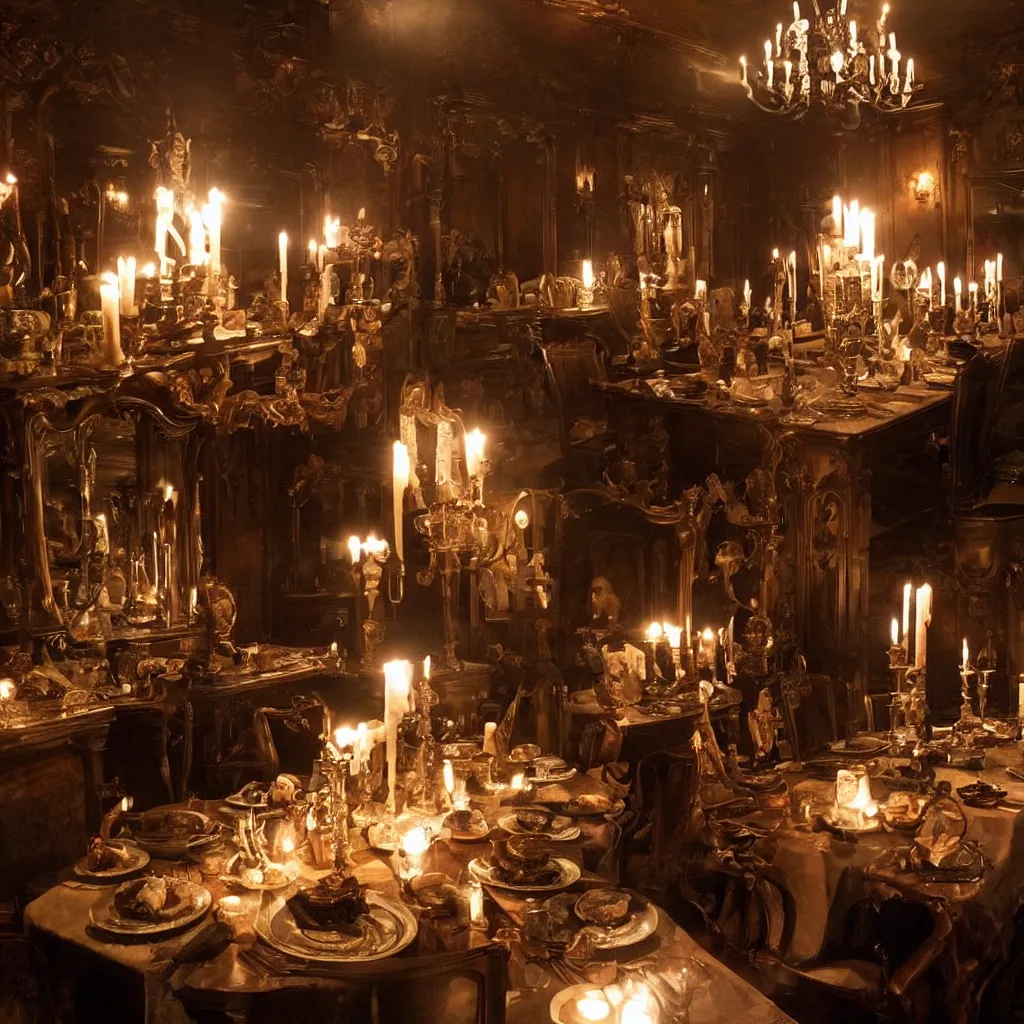 Image similar to dining room of a dark mansion, leftover food, candle lighting, realistic, highly detailed, guillermo del toro