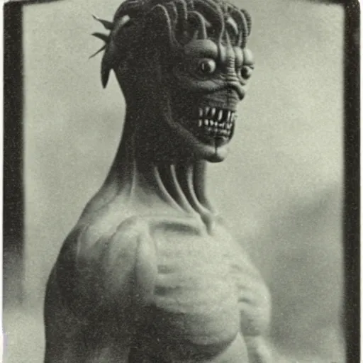 Image similar to photograph of xenomorph by edwardian, male, 1 9 0 0 s, 1 9 1 0 s, grainy, slightly blurry, faded, realistic face