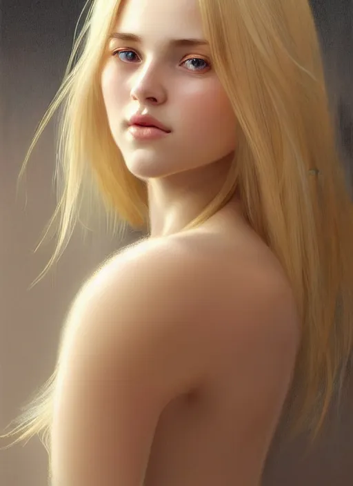 Image similar to beautiful face! portrait of young woman blessed with ever - increasing physical and mental perfection, realism, blonde hair, perfect face!! intricate, elegant, highly detailed, vision of holy perfection!! digital painting, artstation, concept art, smooth, sharp focus, illustration, humanity, art by artgerm and greg rutkowski and alphonse mucha