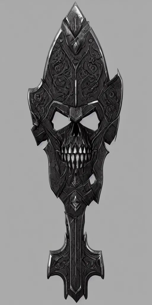 Prompt: a black and silver axe skull crest, ornament, dwarven weapon, by dom qwek, trending on artstation, hard surface modeling