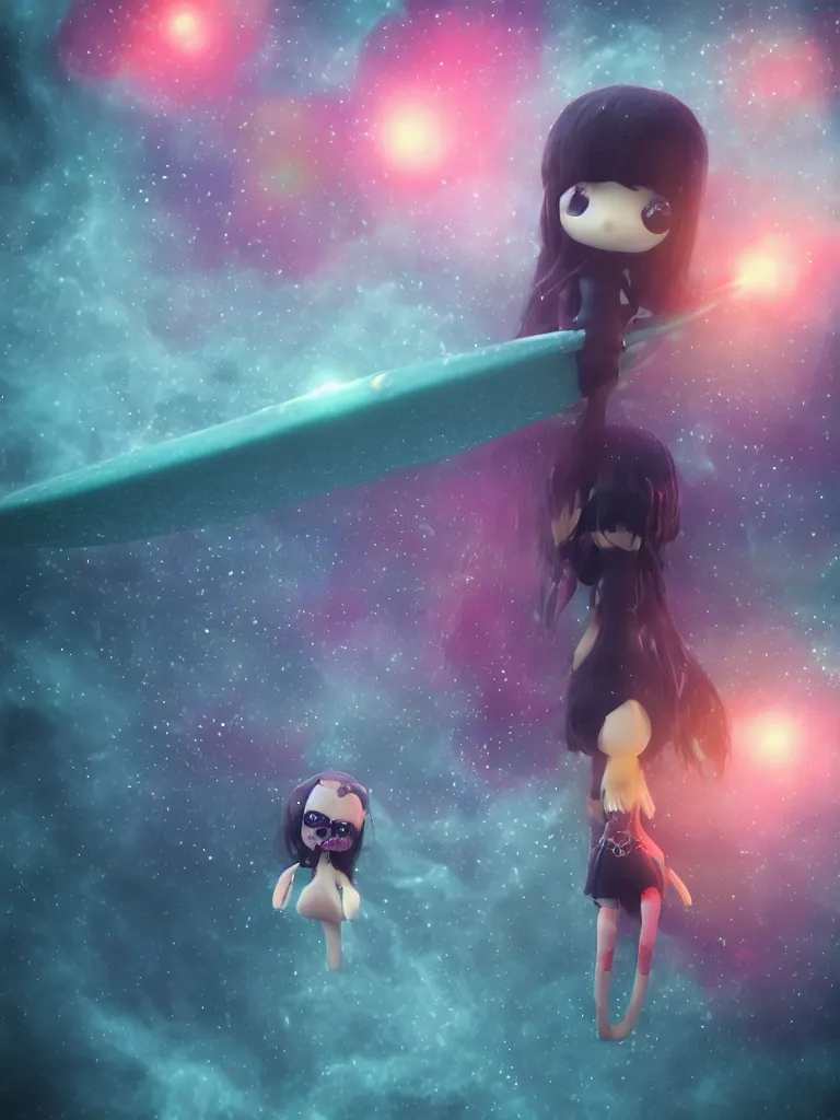 Image similar to cute fumo plush gothic maiden alien girl riding on a surfboard in the waves of the dark galactic abyss, splash, refractive optics, vignette, vray