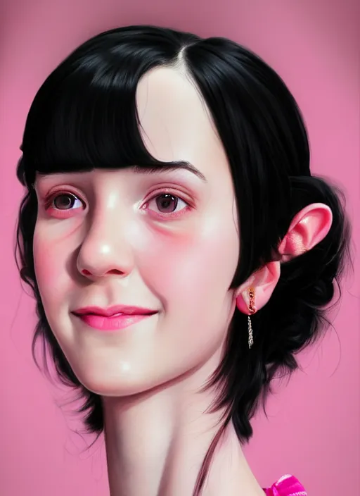 Image similar to portrait of high school girl, realistic, black hair, bangs, half updo hairstyle, pointy nose, skinny, smile, ugly, defined jawline, big chin, pink hair bow, earrings, intricate, elegant, glowing lights, highly detailed, digital painting, artstation, sharp focus, illustration, art by wlop, mars ravelo and greg rutkowski