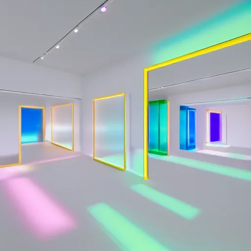 Image similar to an ultra high definition professional studio quality photograph of multiple transparent iridescent perspex pastel coloured art objects in an empty white room. dramatic lighting, ray tracing, refraction, shallow d. o. f, colour corrected, golden ratio, three point light. volumetric shadows. god rays.