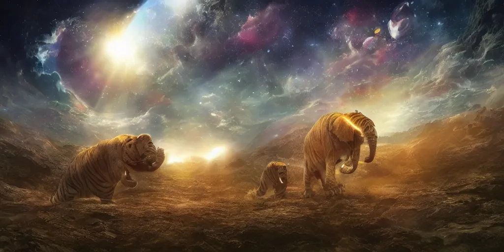 Image similar to planet - sized tiger elephant in space, next to the sun and stars, cosmic, very wide shot, epic composition, hyper detailed, digital art, trending in artstation, cinematic lighting, studio quality, unreal engine 5 rendered, art style by klimt and nixeu and ian sprigger and wlop and krenz cushart