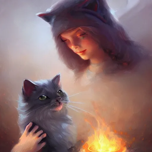 Image similar to cat , cute and adorable, pretty, beautiful, fantasy painting, DeviantArt Artstation, by Jason Felix by Steve Argyle by Tyler Jacobson by Peter Mohrbacher, cosy atmoshpere