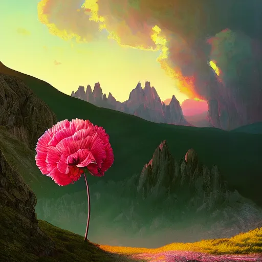 Image similar to giant carnation flower as a head, girl hiking in the dolomites, surreal photography, sunrise, dramatic light, impressionist painting, colorful clouds, digital painting, artstation, simon stalenhag