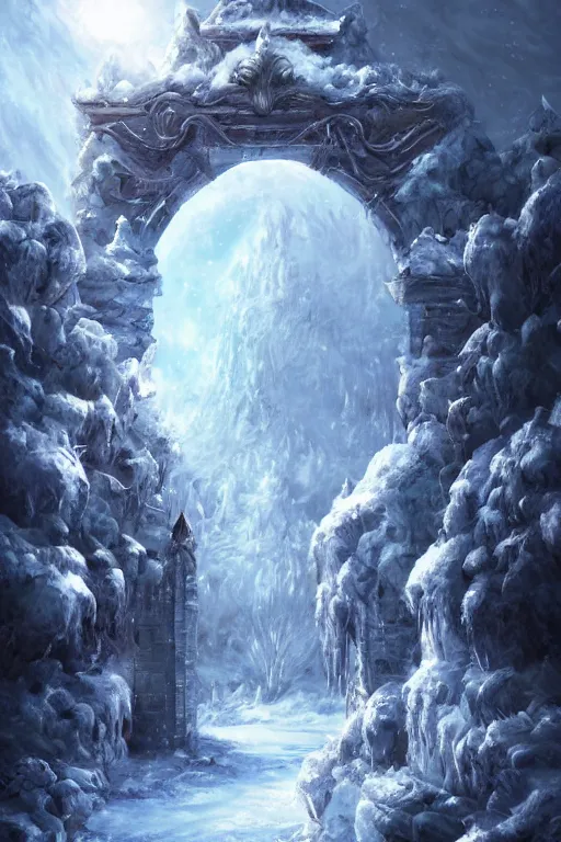 Prompt: gateway to a frozen realm in a dreamy beautiful fantasy landscape. Digital art. Very detailed. Trending on artstation.