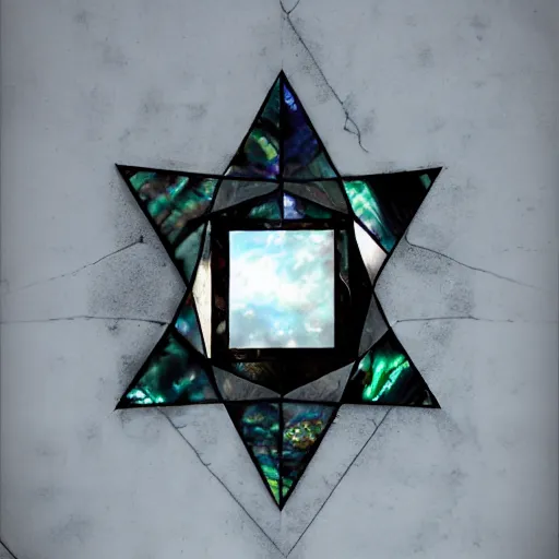 Image similar to dark matter faceted reality breaks into fragments, the mother - of - pearl sky and the black window