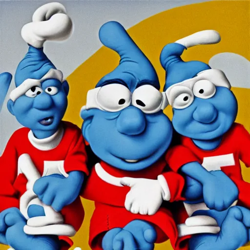 Prompt: the smurfs on the beastie boys album cover, 8 k resolution hyperdetailed photorealism