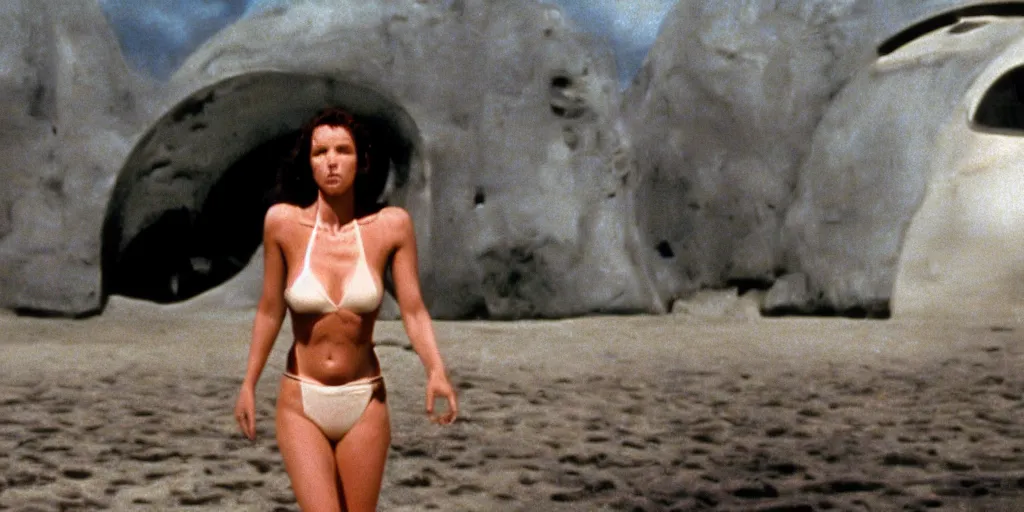 Image similar to color film still, view from behind, a woman in black bikini standing in front of a large wall depicting the beach inside a spaceship ; alien 2 ( 1 9 8 6 )