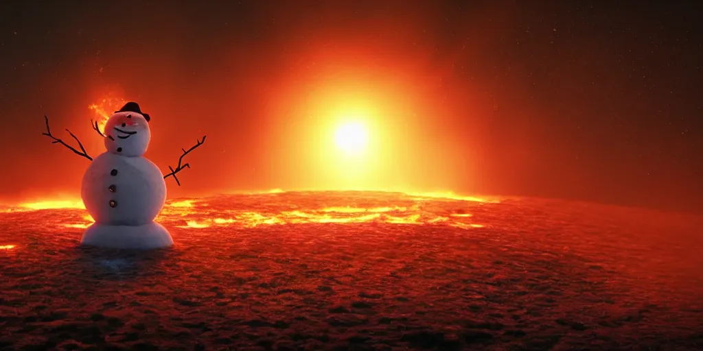 Image similar to a snowman melting on top of the sun and turning into water. the ground is made of fire and lava and is glowing orange. cinematic, dramatic, epic, volumetric lighting, atmospheric, red, orange extremely coherent, 8 k, space, warm, blade runner 2 0 4 9
