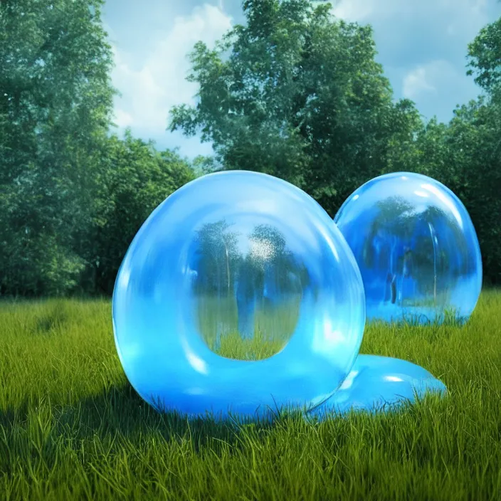 Image similar to render of one huge fantasy transparent translucent bluish slime in the meadow. fantasy, high details, masterpiece, cgsociety, octane render, 8 k, volumetric lighting, photorealism, translucent raytracing, artstation contest winner