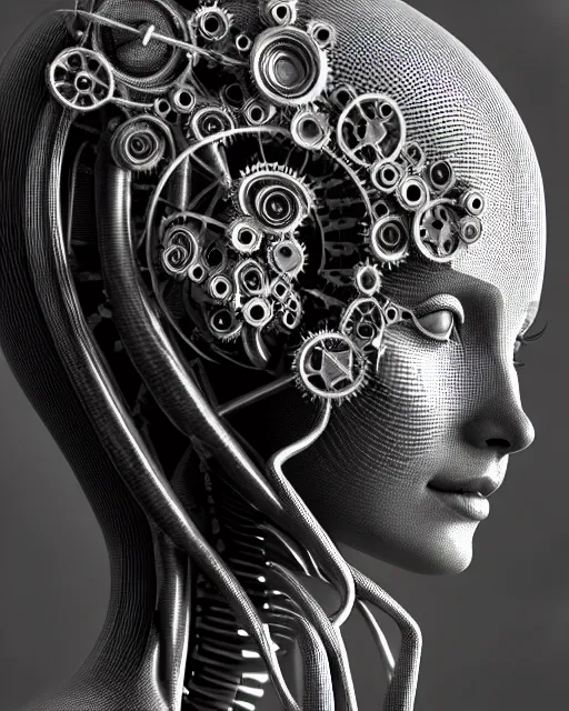 Image similar to mythical black and white organic bio-mechanical spinal ribbed profile face portrait detail of mechanical beautiful female angelic-vegetal-cyborg, highly detailed, intricate steampunk ornate, poetic, 3D render, digital art, octane render, 8K artistic photography, photo-realistic, by Dora Maar