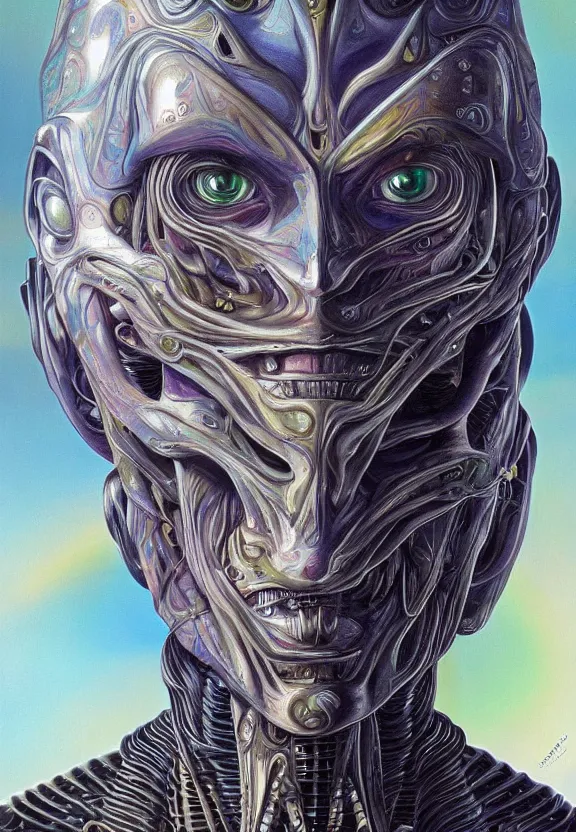 Image similar to perfectly centered portrait front view of a beautiful biomechanical alien robot, flowing hair, intense stare, sweet smile, symmetrical, concept art, intricate detail, volumetric shadows and lighting, realistic oil painting by alex grey,