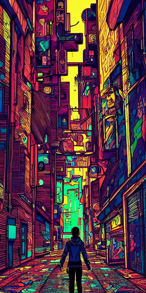 Image similar to person standing in a cyberpunk alley, pop art, markers, rtx, 8 k, ray tracing, highly detailed