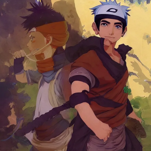 Image similar to a pakistani boy as a naruto shinobi wearing a headband, portrait, elegant, intricate, digital painting, artstation, concept art, smooth, sharp focus, illustration, art by konstantin korovin and daniel f. gerhartz and john howe