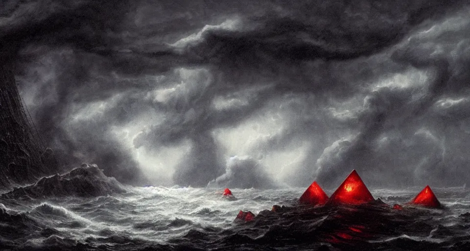 Image similar to black lovecraftian eldritch!! obsidian pyramid!! on a snowy island surrounded by raging stormy seas, with a large shadow of a creature in the background by eugene von guerard, ivan shishkin, night, red lightning!!, storm!, dramatic lighting, concept art, trending on artstation, 8 k