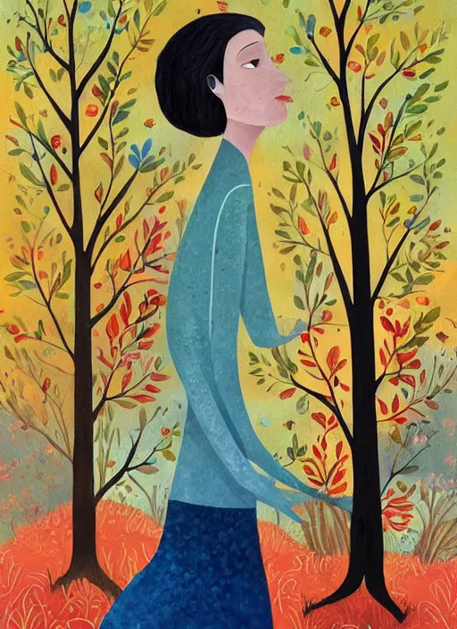 Prompt: a wonderful childrens illustration book portrait painting of a woman, art by tracie grimwood, colorful, trees, leaves, birds, whimsical, aesthetically pleasing and harmonious natural colors