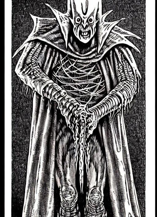 Image similar to pinhead as a d & d monster, full body, pen - and - ink illustration, etching, by russ nicholson, david a trampier, larry elmore, 1 9 8 1, hq scan, intricate details, monster manula, fiend folio
