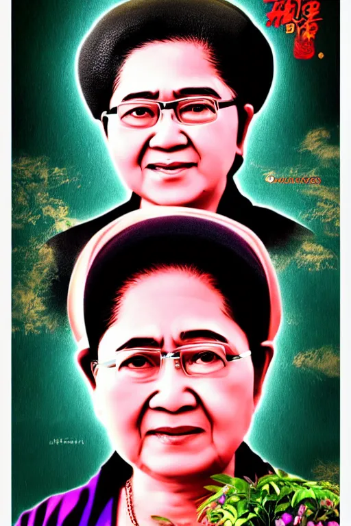 Prompt: poster of saint megawati soekarno putri, uhd, arstation, 1 0 8 0 p, ultra realistic detail, jacqueline e, tafy, bo feng, love hate love