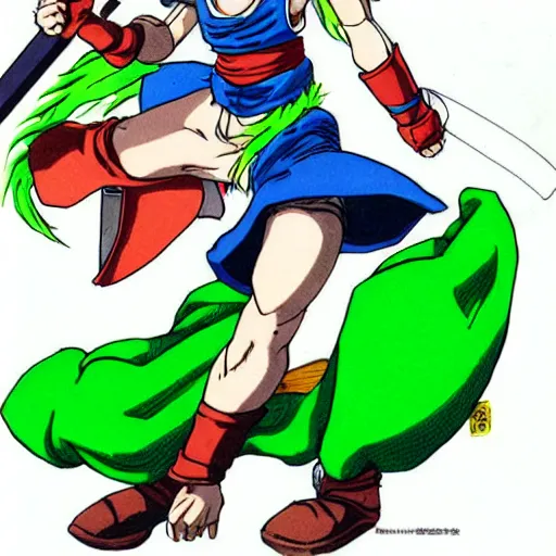 Image similar to fencer, green hair, male, style of akira toriyama, anime, japanese,