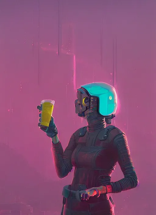 Image similar to a woman wearing a helmet drinking a drink, cyberpunk art by simon stalenhag, cgsociety, panfuturism, dystopian art, sci - fi, artstation hq