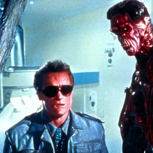 Image similar to harry and the hendersons as the terminator, 4 k hd film still, terminator, red eye, cyborg