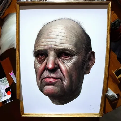 Prompt: portret of old balding man with fish like facial features, eerie lighting, detailed painting in style of Kim Myatt