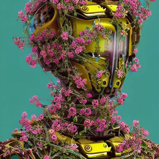 Image similar to colourful vfx art - portrait of army mecha robot wrapped in flowers & vines, art by utagawa kunisada & james jean, volumetric light, ray tracing, sharp, detailed, digital painting, illustration, highly detailed, intricate detail, unreal engine, octane render, global light, pinterest, behance, art station,