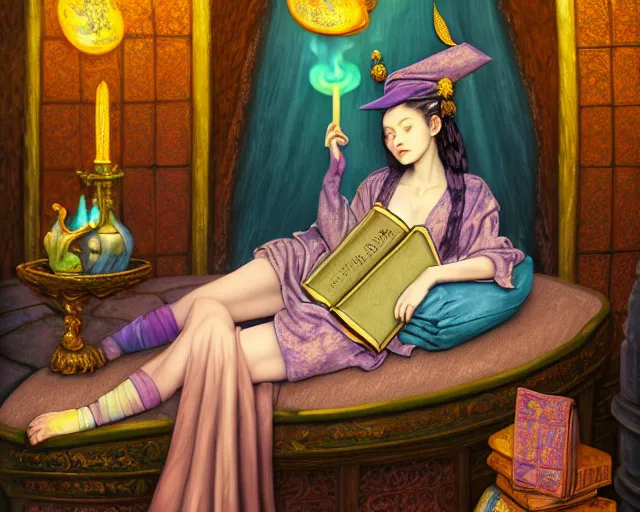 Prompt: a detailed fantasy pastel portrait of a wizard student in ornate clothing lounging on a purpur pillow on the marble floor in front of her bookcase in a atmospheric room, studying an ancient tome. to the side is a potted plant and some blue candles. ancient oriental retrofuturistic setting. 4 k key art, raytracing in the style yoshitaka amano and rembrandt.