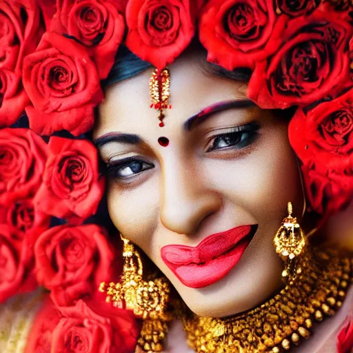 Prompt: realistic expired fuji film portrait of happy india hijra, red roses celestial vibe, hyperrealism, hypermaxiymalism, photorealistic, detailed, atmospheric, 8 k, award winning photography, cinematic