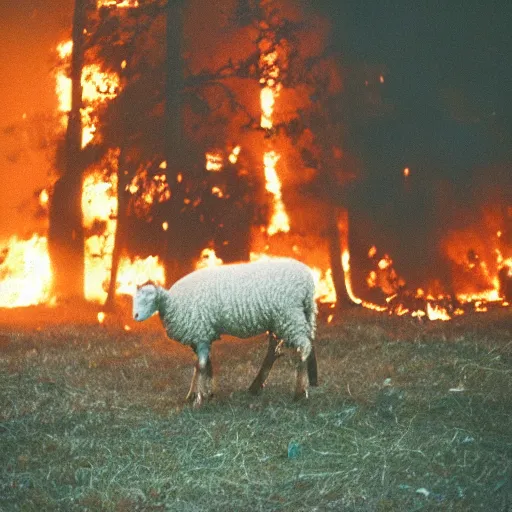 Image similar to a sheep in a burning house, cinestill 800t 50mm, photography