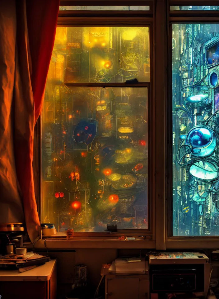 Image similar to telephoto 7 0 mm f / 2. 8 iso 2 0 0 photograph depicting the feeling of chrysalism in a cosy cluttered french sci - fi ( ( art nouveau ) ) cyberpunk apartment in a dreamstate art cinema style. ( ( computer screens, window rain, sink ( ( ( fish tank ) ) ) ) ), ambient light.