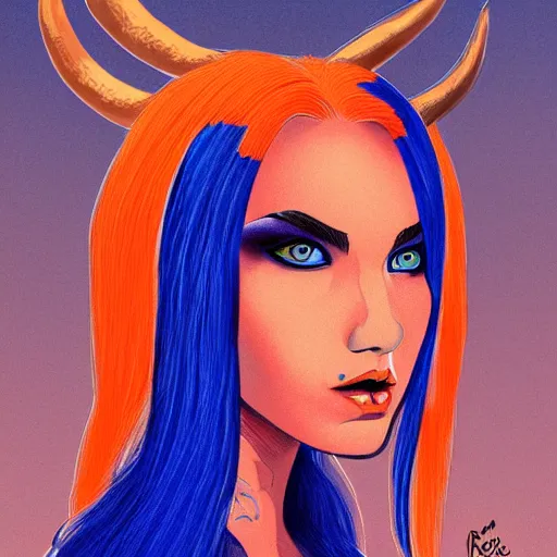 Prompt: illustrated portrait of ram-horned orange-skinned skin FFA500 devil woman with blue hair cut in a bob by rossdraws