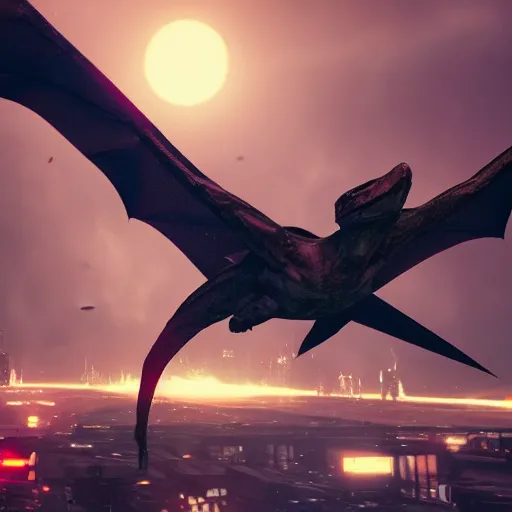 Image similar to a closeup portrait of a pterodactyl shooting lasers from is eyes flying over a destroyed city cyberpunk, fantasy, 4 k, octane render