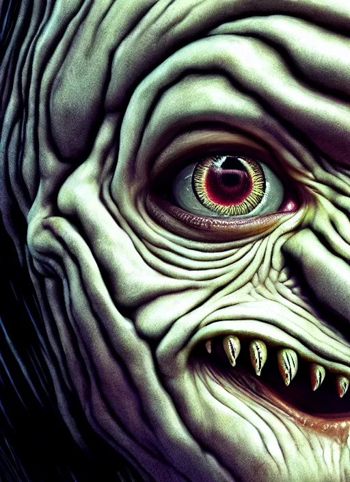 Prompt: an ugly monsterish horrifying slimy scottish female photo, professionally, soft lighting, realistic, sharp focus on eyes, 8 k, high definition, insanely detailed, intricate, elegant, art by artgerm and junji ito. science fiction movie wide screen still from action scene.