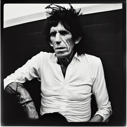 Prompt: photo of Keith Richards by Diane Arbus, black and white, high contrast, Rolleiflex, 55mm f/4 lens