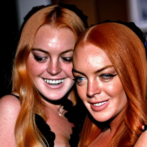 Image similar to Selfie photograph of Lindsay Lohan and Lindsay Lohan, golden hour, 8k,