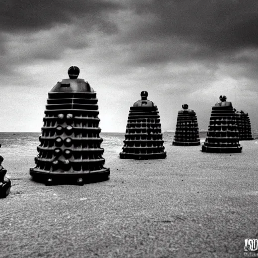 Image similar to Daleks storming Normandy beach, cinematic, dynamic lighting, High contrast, depth of field